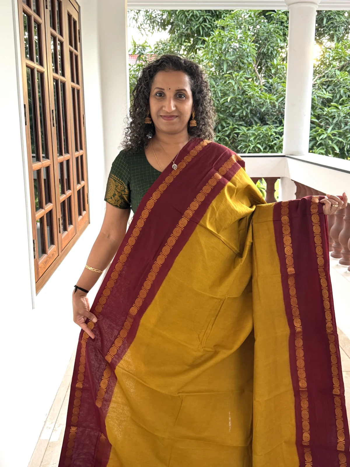 Mustard Yellow Madurai Sungudi Cotton Saree With Maroon Rudrasham Gap Border Psc108 1